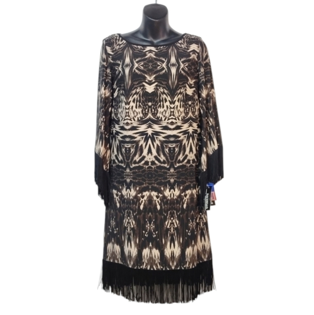 R&M Richards Black Brown White Fringe Dress Size 10 NWT - Picture 3 of 12